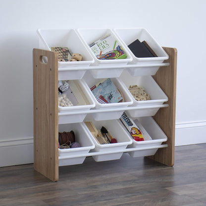 Humble Crew 9-Bin Toy Organizer – Journey Natural Wood with White Plastic Bins, 3-Tier Storage