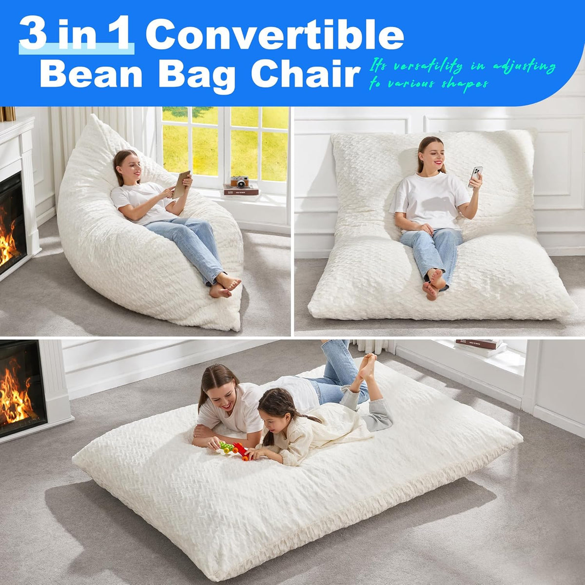 Hobestluk 3 in 1 Bean Bag Chair Giant Bean Bag Chairs for Adults with Chevron Plush Fur Cover