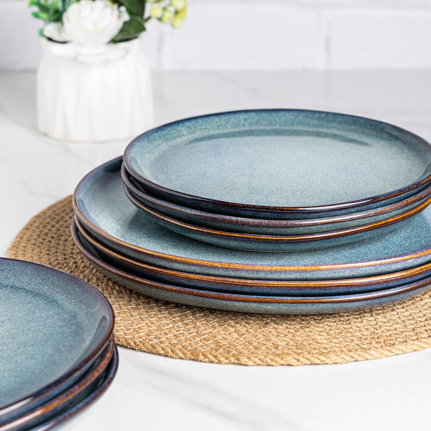 AmorArc Ceramic Dinnerware Sets,Handmade Reactive Glaze Stoneware Plates and Bowls Set,Highly