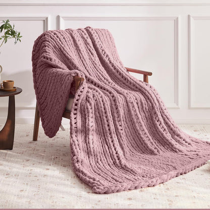 Chunky Knit Throw Blanket, 30''*40'' Knitted Throw Chenille Yarn for Bed Couch, Handmade Muted Pink