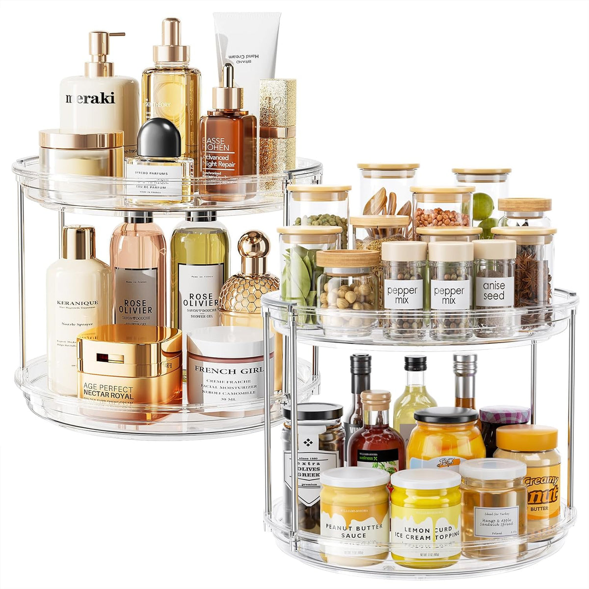 LAMU 2 Pack 10.6'' 2-Tier Lazy Susan Turntable Organizer Rotating Spice Rack Organization for