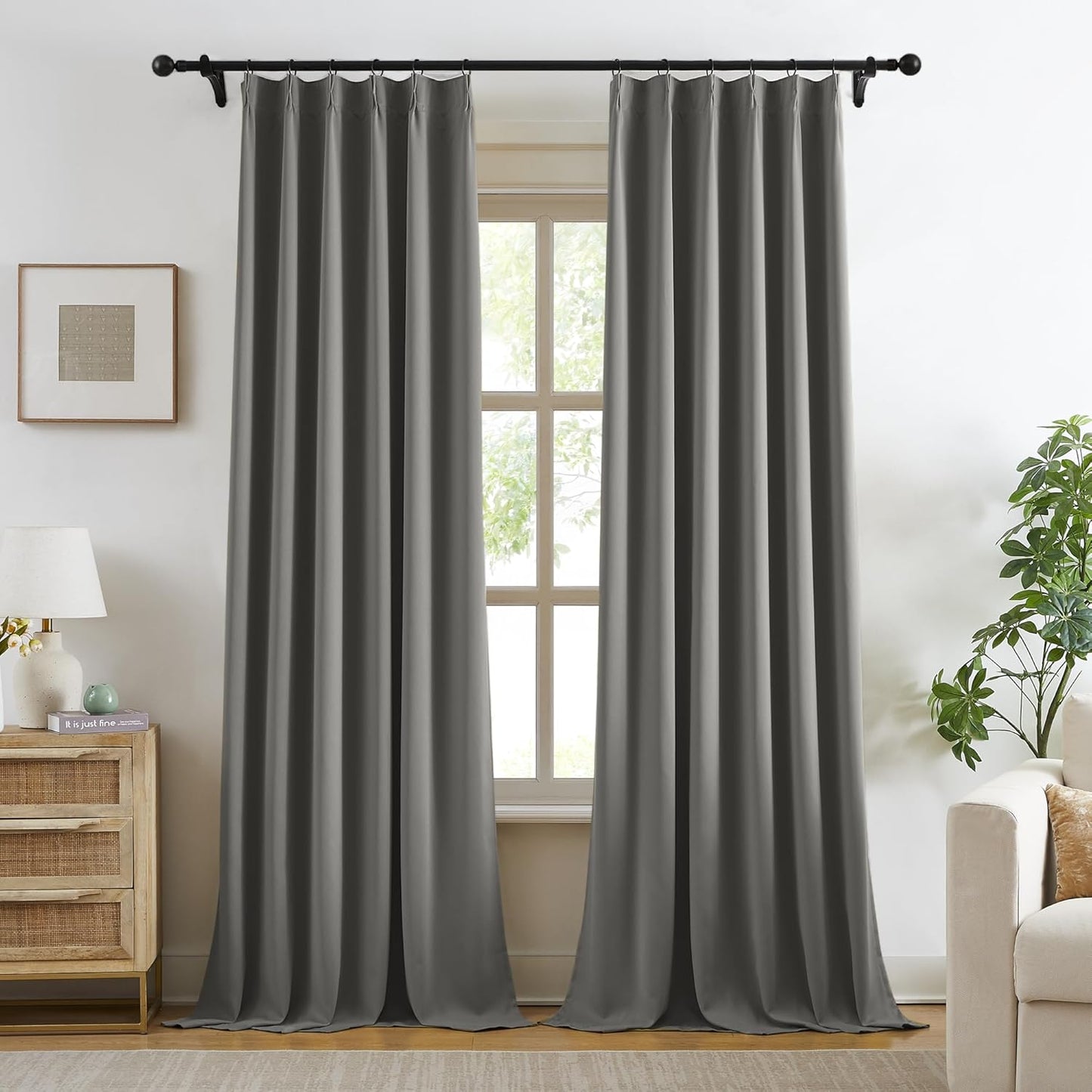KangBang Grey Pinch Pleated Blackout Curtains 108 Inches Long for Hall Windows, Sound Dampening