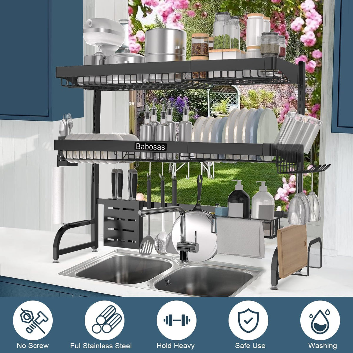 Over The Sink Dish Drying Rack,3 Tier Adjustable Length (25.5'' to 37.4'') Full Stainless Steel