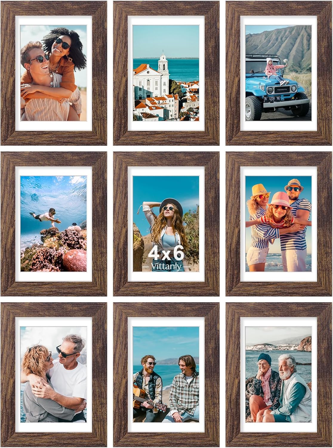 Vittanly 4x6 Picture Frames Set of 9, Shatter Resistant Plexiglass, Display 3.5x5 Pictures with Mat