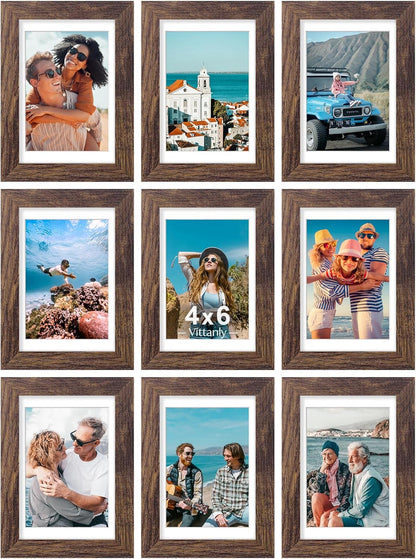 Vittanly 4x6 Picture Frames Set of 9, Shatter Resistant Plexiglass, Display 3.5x5 Pictures with Mat