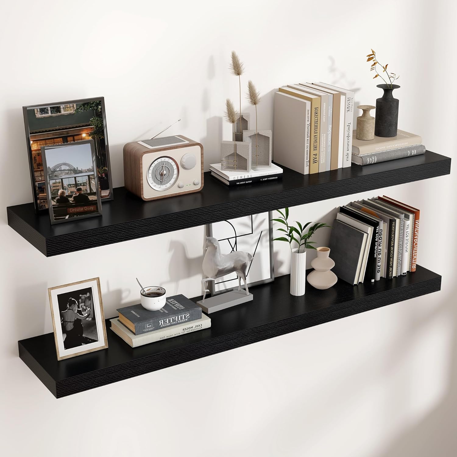 Floating Shelves - 2 Large Wall Mounted Shelves with Invisible Brackets, Long Wood Floating Wall