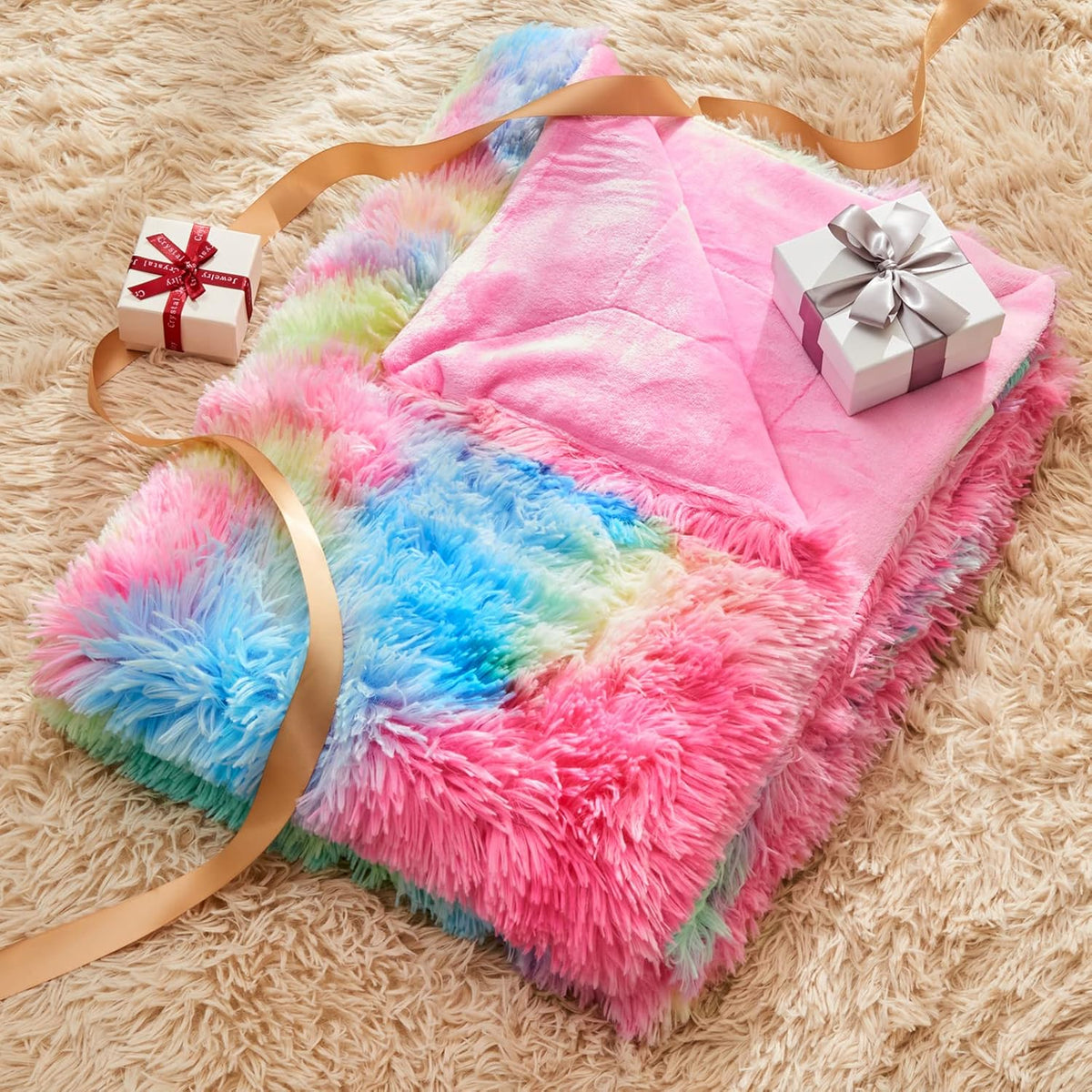 GONAAP Fuzzy Faux Fur Throw Blanket Twin Size Dark Rainbow Super Soft Cozy Plush Fuzzy Shaggy