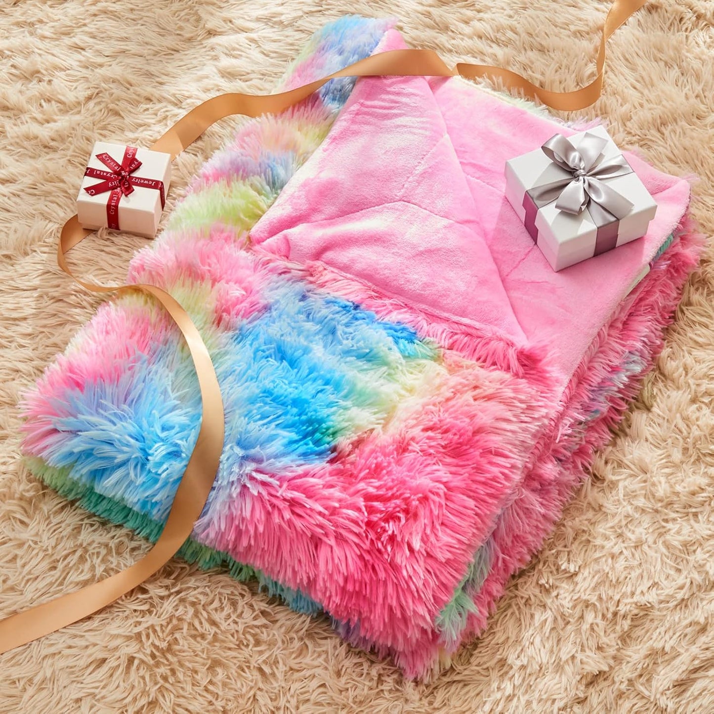 GONAAP Fuzzy Faux Fur Throw Blanket Queen Size Dark Rainbow Super Soft Cozy Plush Fuzzy Shaggy