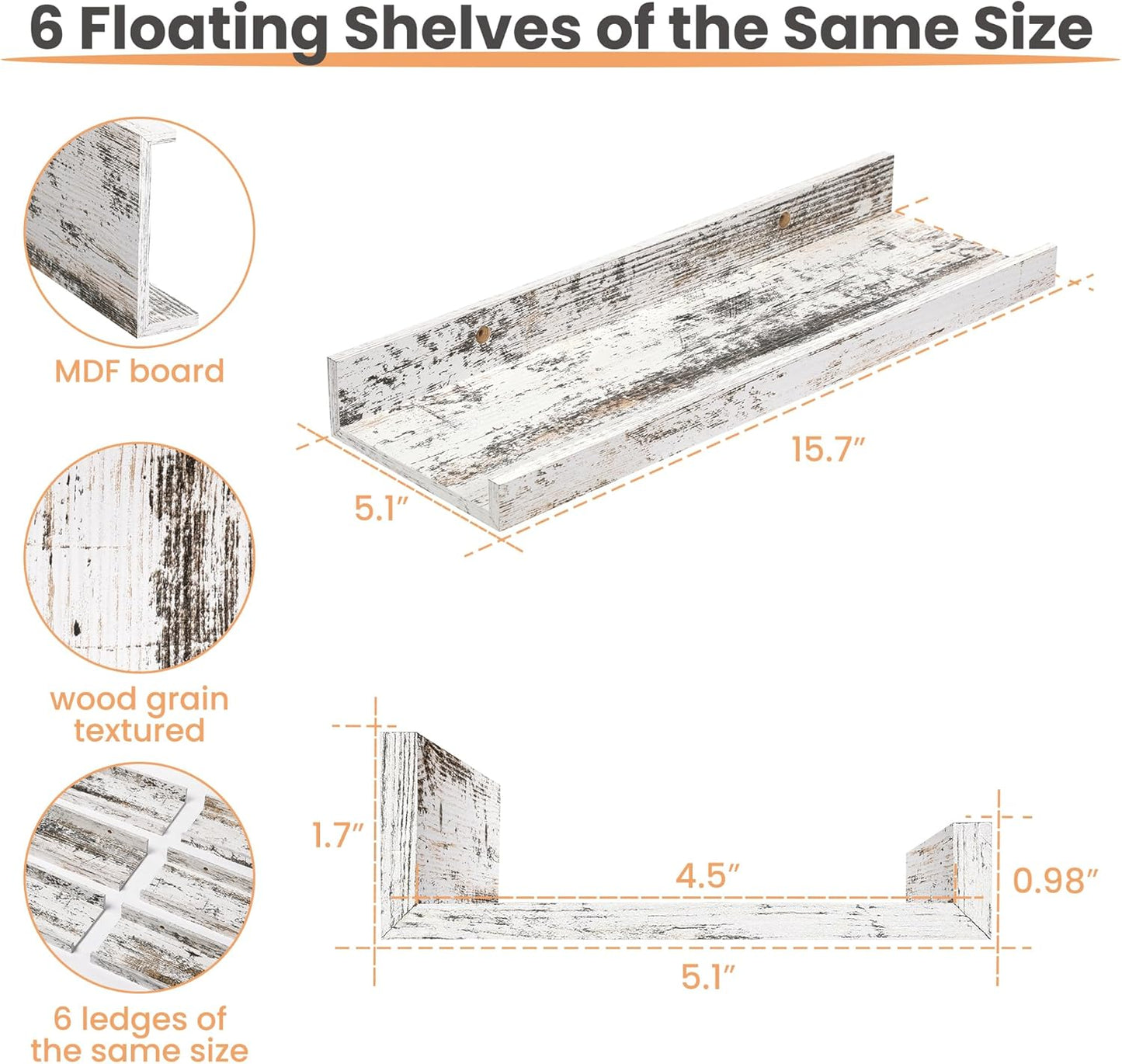 upsimples Floating Shelves for Wall, Wall Shelves for Decor Storage Set of 6, Wall Mounted Wood