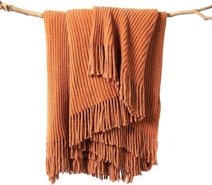 lifein Throw Blanket for Couch, Soft Boho Bed Throw,Cozy Burnt Orange Chenille Knitted Small Spring