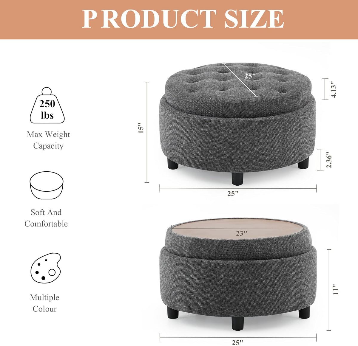 COLAMY Fabric Round Storage Ottoman with Reversible Tray Lid – Multi-Functional Footrest, Hidden