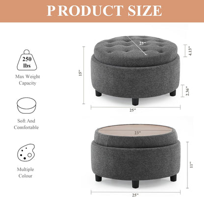 COLAMY Fabric Round Storage Ottoman with Reversible Tray Lid – Multi-Functional Footrest, Hidden