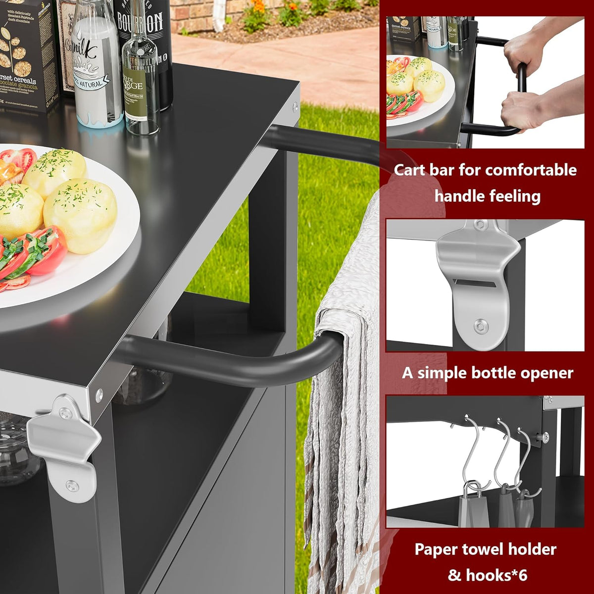 Vongrasig Grill Cart with Storage, Outdoor Bar Cart Rolling BBQ Cart Movable Pizza Oven Table Stand