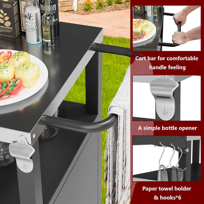 Vongrasig Grill Cart with Storage, Outdoor Bar Cart Rolling BBQ Cart Movable Pizza Oven Table Stand