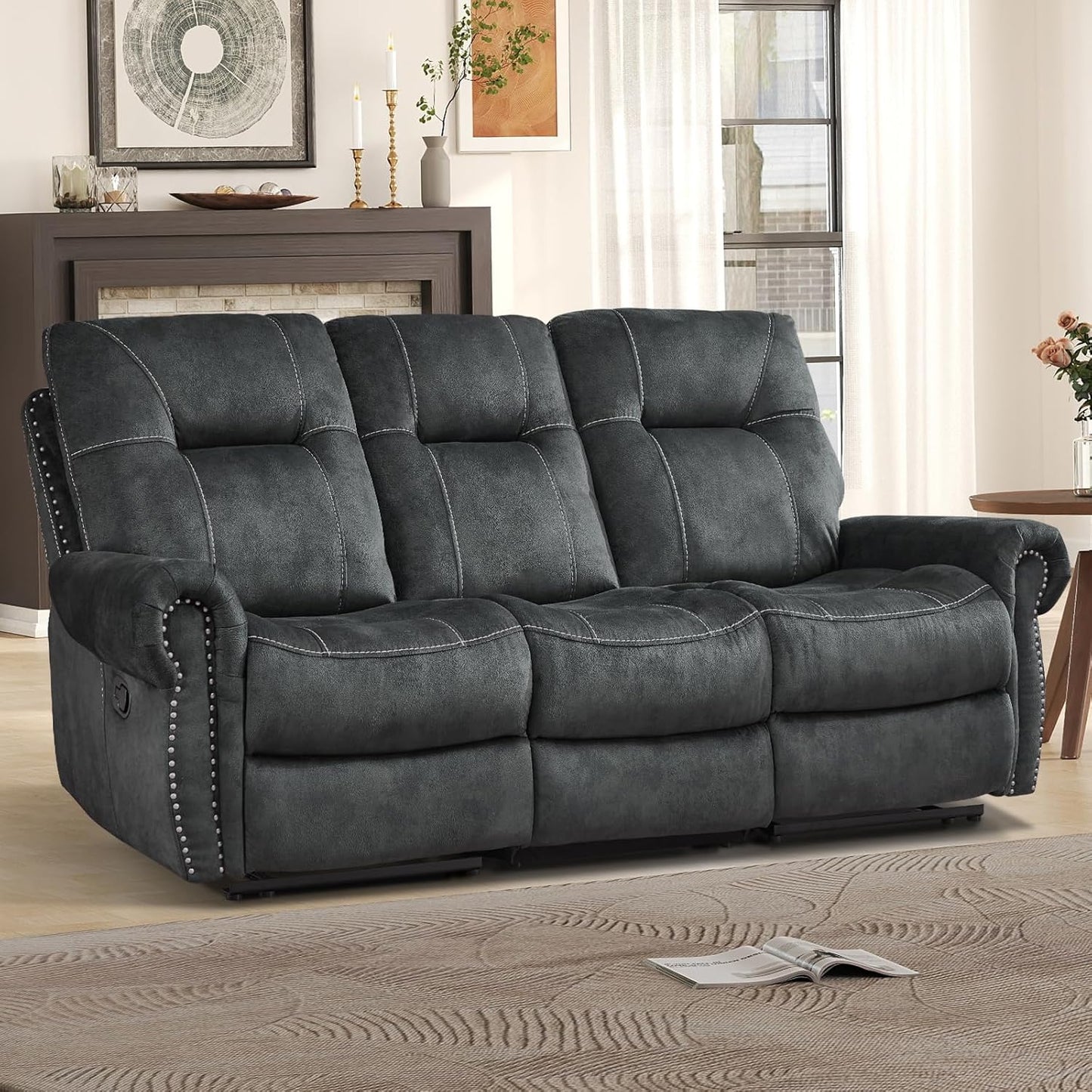 EBELLO Manual Recliner 3 Seat Sofa Couch, Soft Fabric 3 Seater Reclining Couch Chair, Vintage Rivet