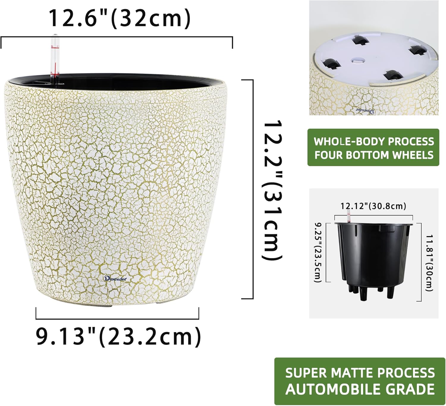 Dexceder 13x12 Self Watering Planter with Wheels Indoor Outdoor, Inner Pot Design, Thickened Large