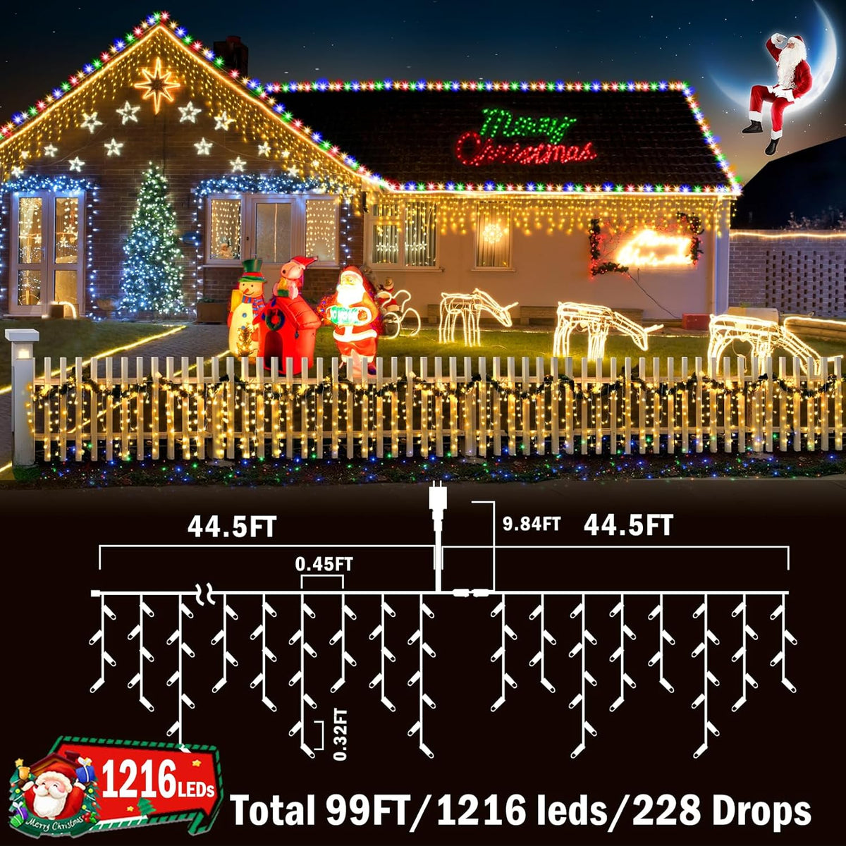 KNONEW 99ft 1216 LED Christmas Lights Outdoor Decorations with 228 Drops, 8 Modes Curtain Fairy