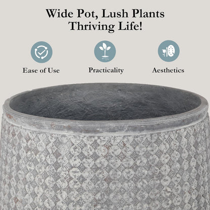 Worth Garden 12" Dia x 15" H Grey Round Planter – Lightweight Magnesium Oxide Cement Plant Pot with