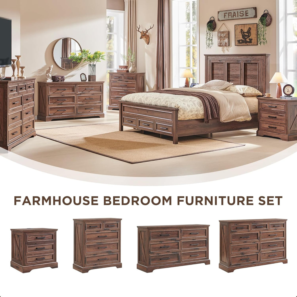 Farmhouse 9 Drawer Dresser for Bedroom, 36 Inch Tall Modern Dresser TV Stand with Large Drawers &