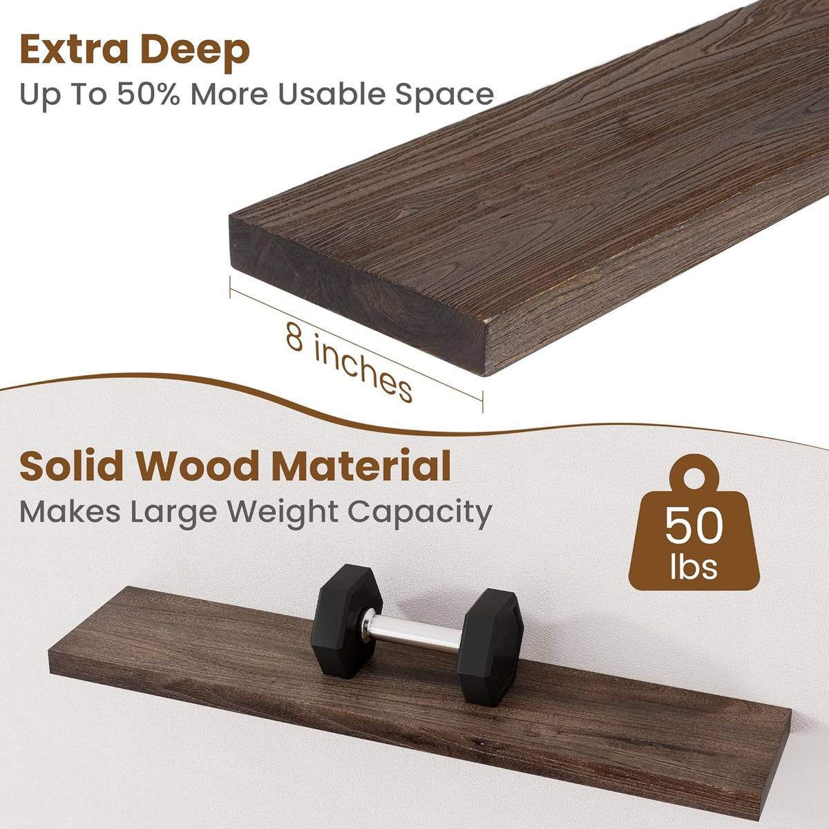 Floating Shelves for Wall Decor, 8 Inch Deep Rustic Solid Elm Wood Floating Shelves Wall Mounted