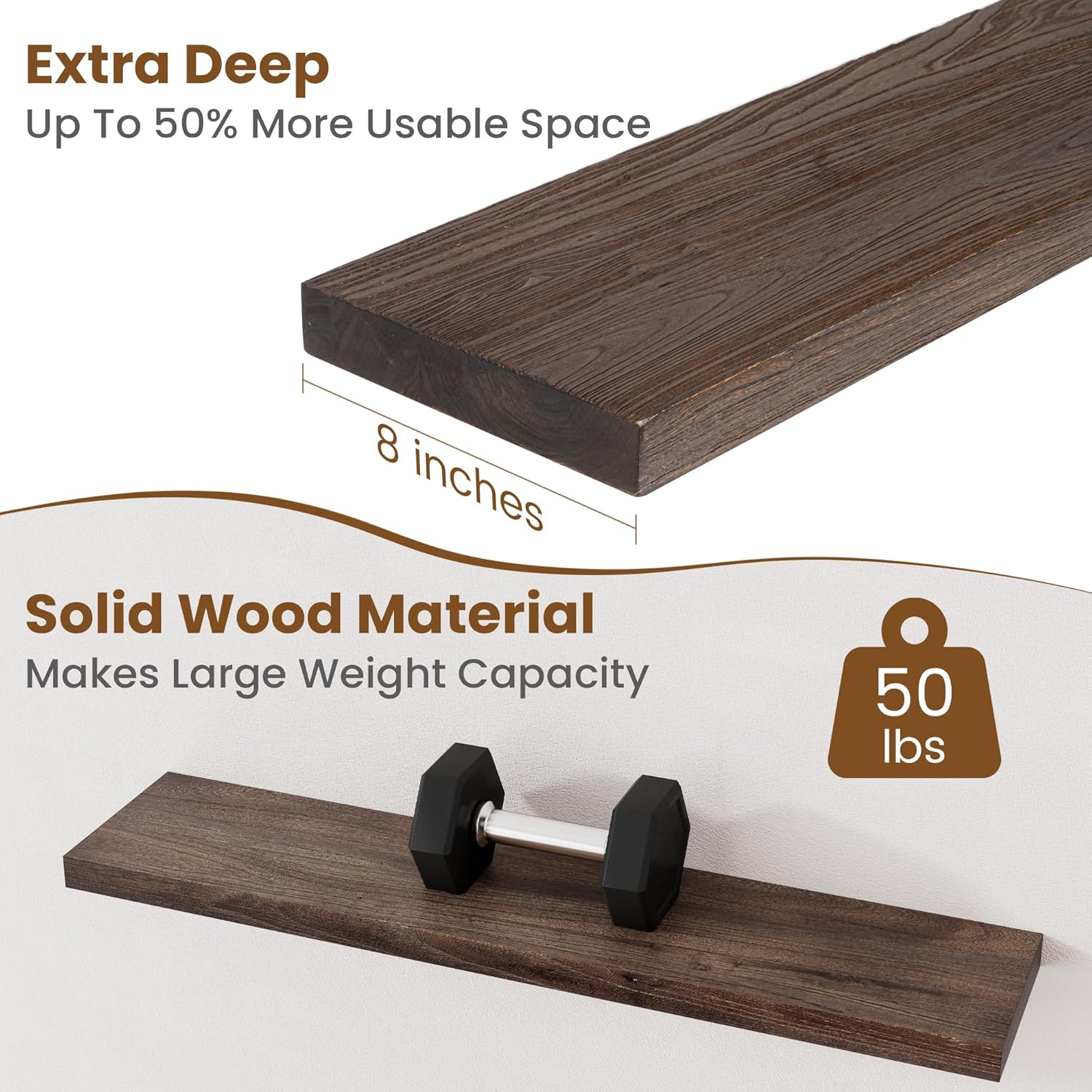 Floating Shelves for Wall Decor, 8 Inch Deep Rustic Solid Elm Wood Floating Shelves Wall Mounted