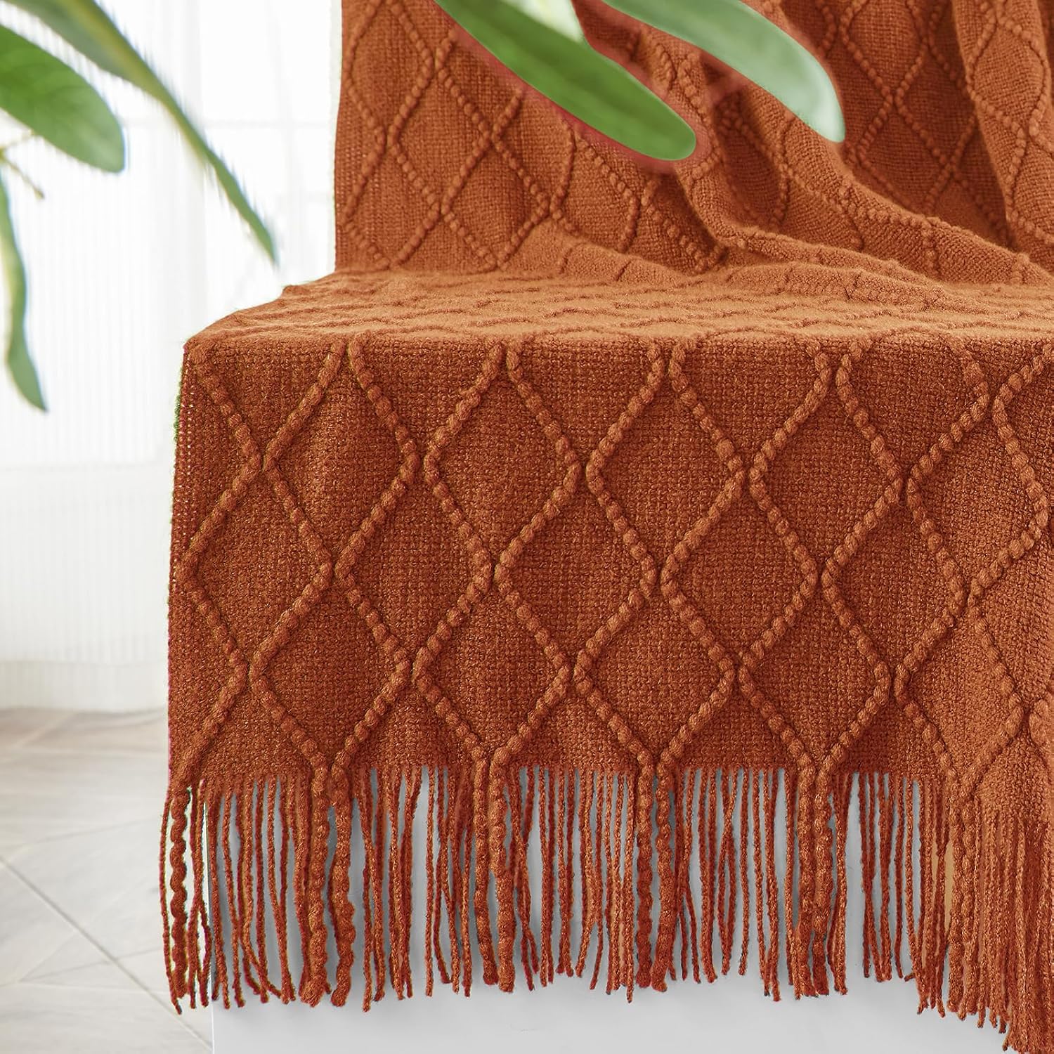 inhand Knitted Throw Blankets for Couch and Bed, Soft Cozy Knit Blanket with Tassel, Orange Rust