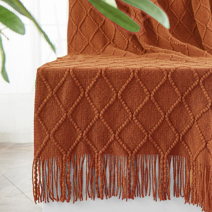inhand Knitted Throw Blankets for Couch and Bed, Soft Cozy Knit Blanket with Tassel, Orange Rust