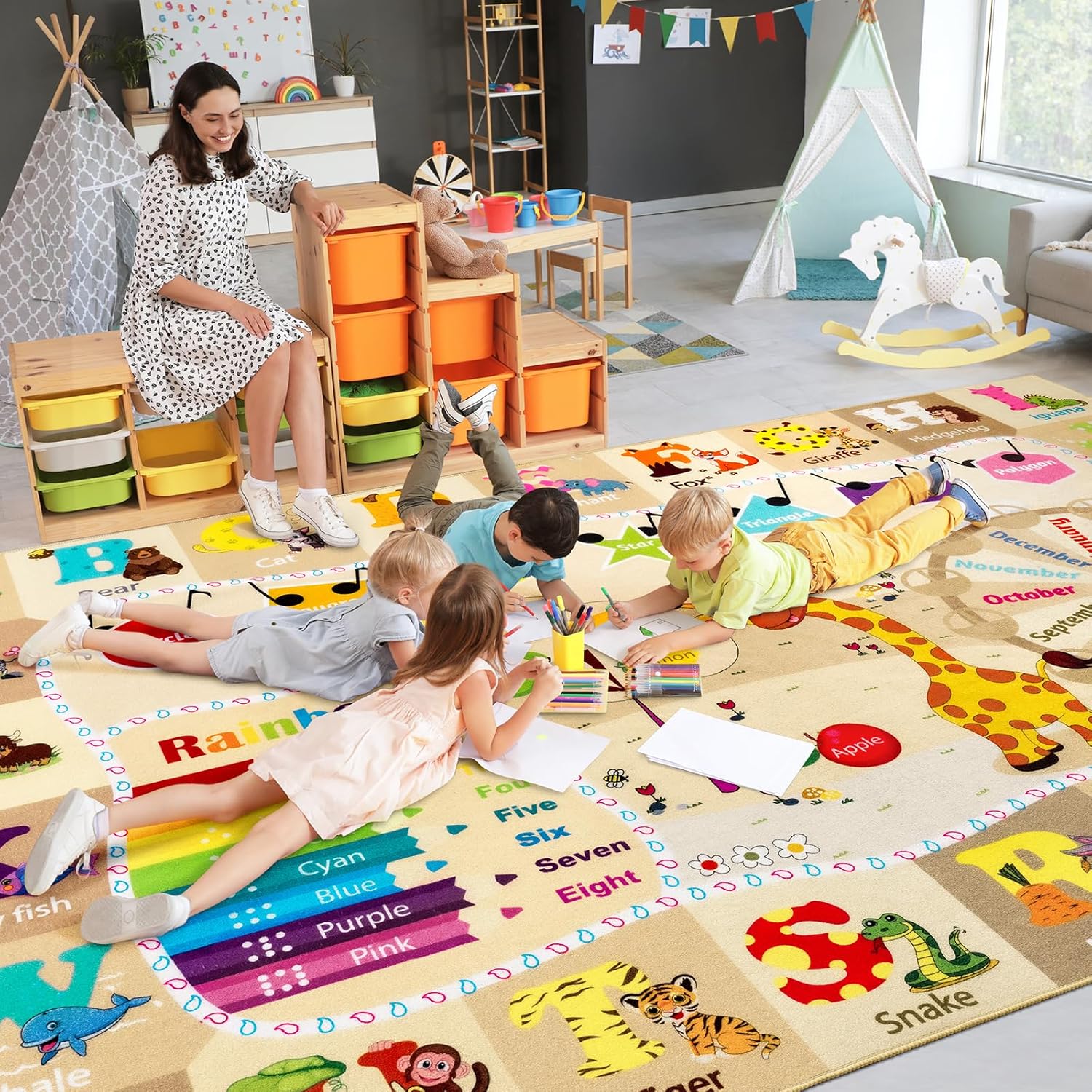 6x9 Playroom Rugs for Kids Washable, Educational and Fun Playmat with ABC Alphabet Animals Shapes