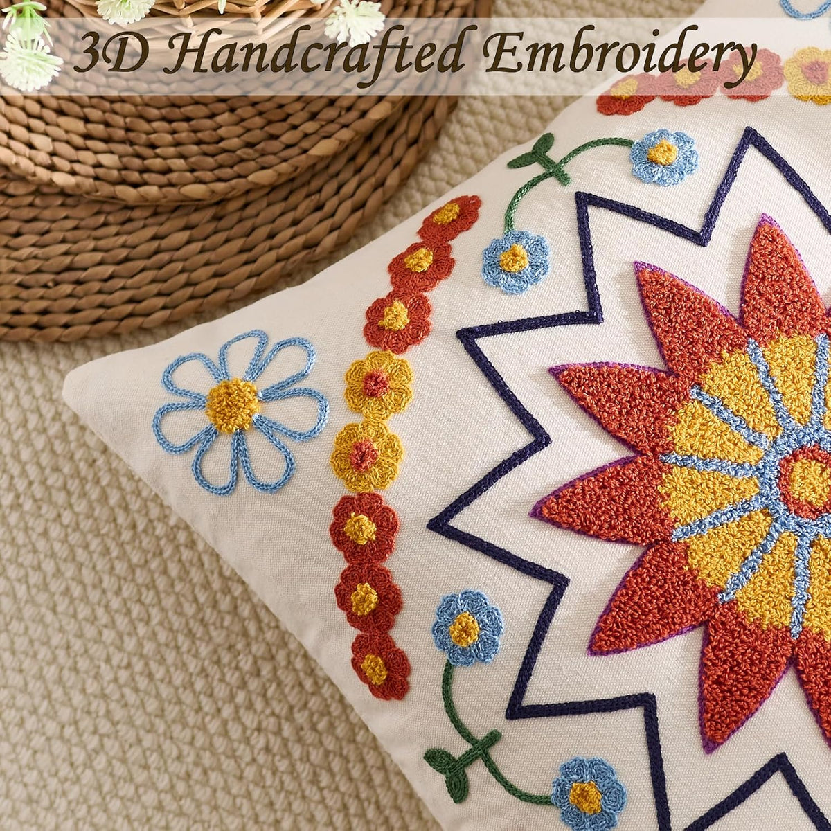 Embroidered Throw Pillow Cover 20x20 Classic Fall Boho Floral Pattern Pillows Cover Outdoor