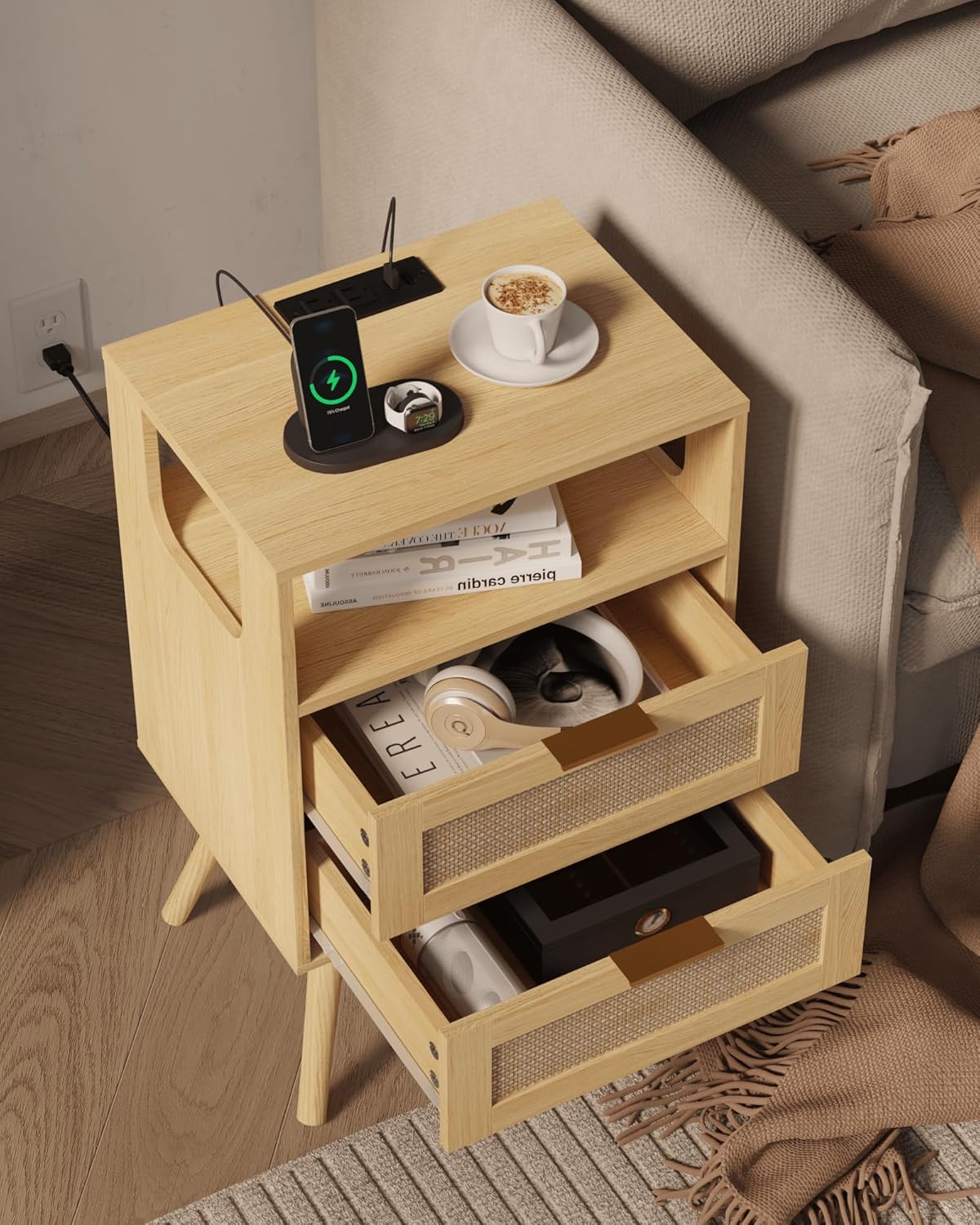 Rattan Nightstand with Charging Station,Modern Bedside Table with 2 Storage Drawer and Open Wood