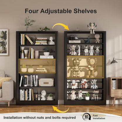 Large Metal Bookcase, 69” Modular Bookshelf with Storage, 5 Tier Bookcase with Adjustable Shelves