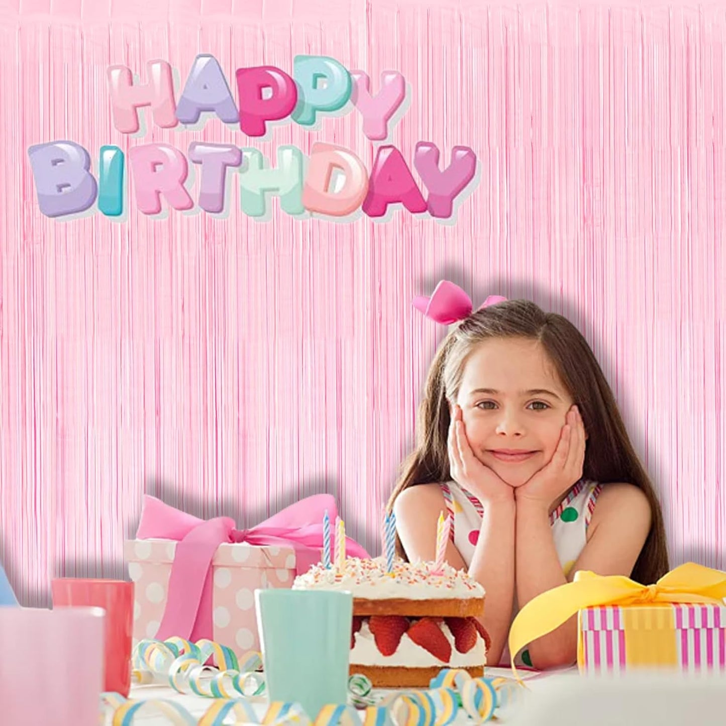 BRAVESHINE Pastel Pink Foil Fringe Curtains Tinsel Backdrop - 2 Pack Photo Booths Party Streamers