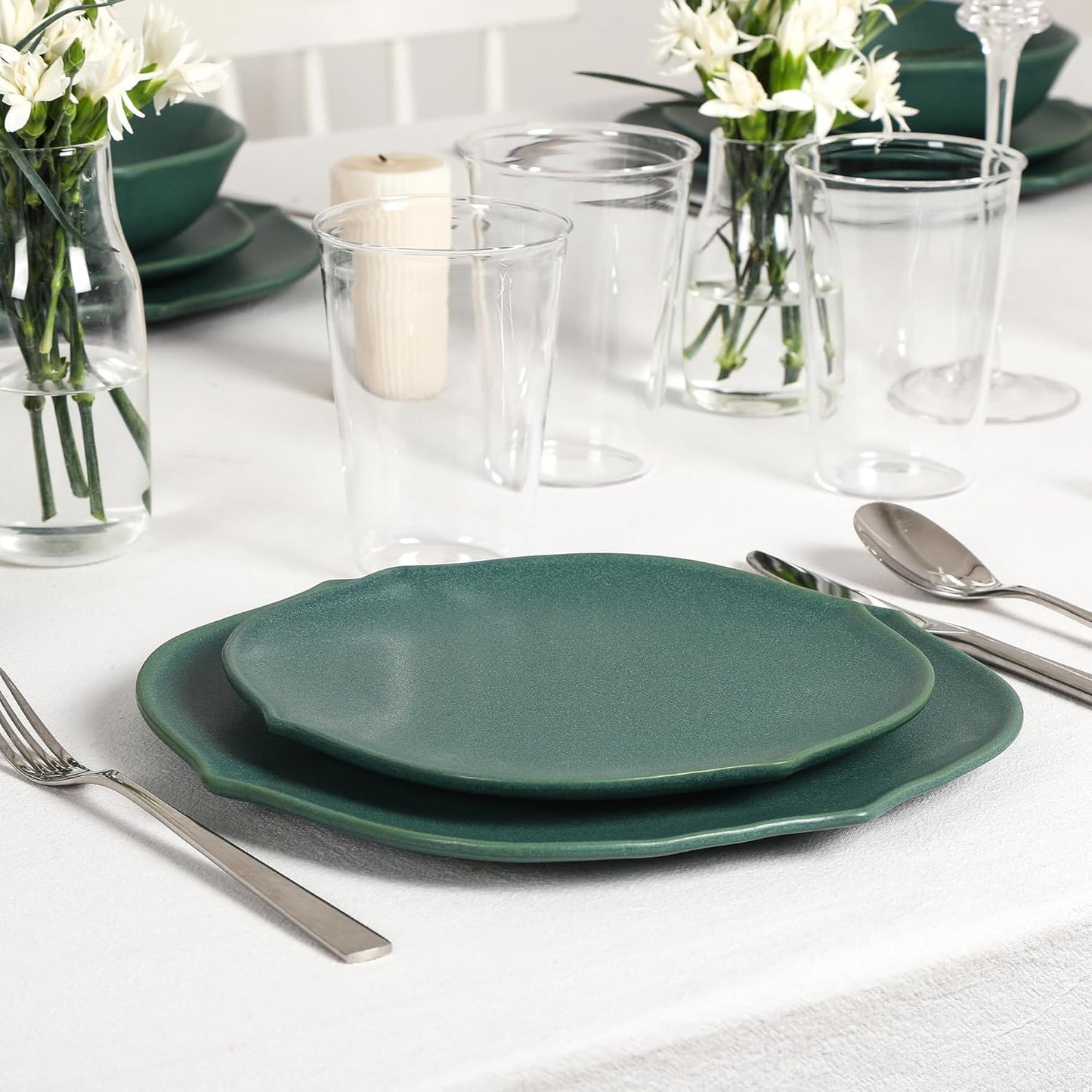 Stone Lain Baskerville 16-Piece Dinnerware Set Stoneware, Borosilicate Glass, Green