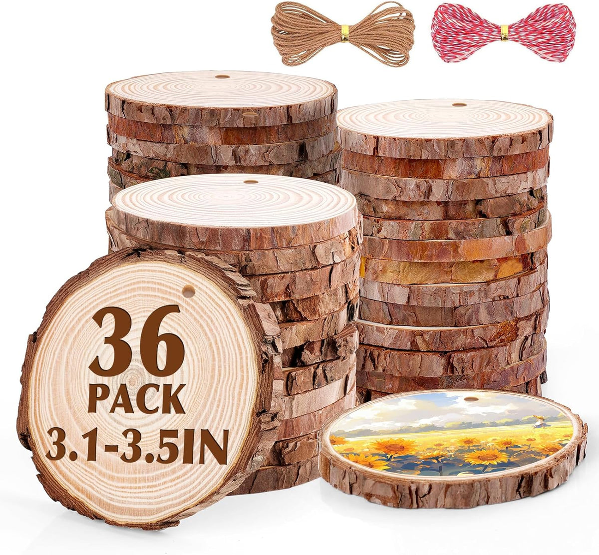 36 Pack Nature Wood Slices for Crafts,3.1-3.5In Unfinished Natural Wood Rounds.Wood Circles