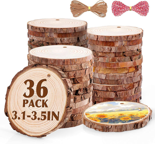 36 Pack Nature Wood Slices for Crafts,3.1-3.5In Unfinished Natural Wood Rounds.Wood Circles