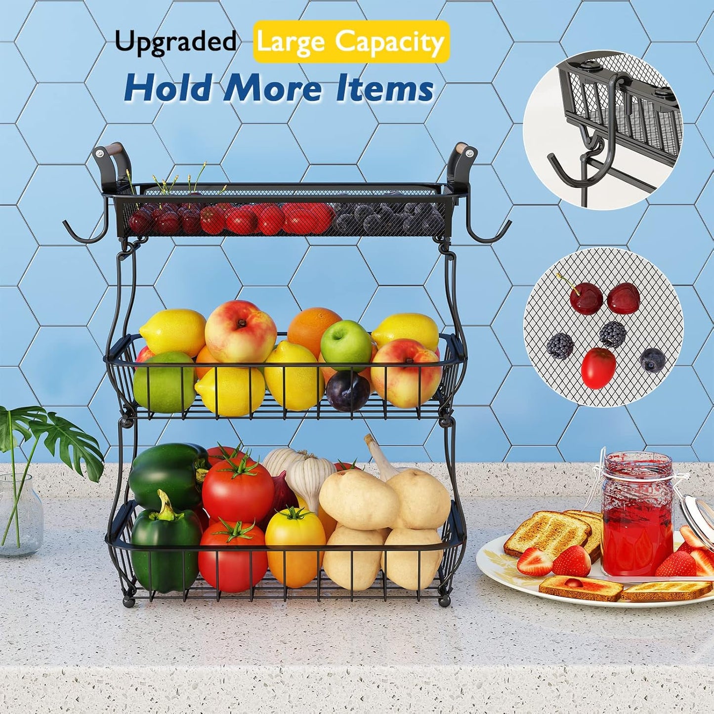 ANTOPY 3 Tier Fruit Basket with 2 Banana Hangers, Countertop Fruit Vegetable Basket Bowl for