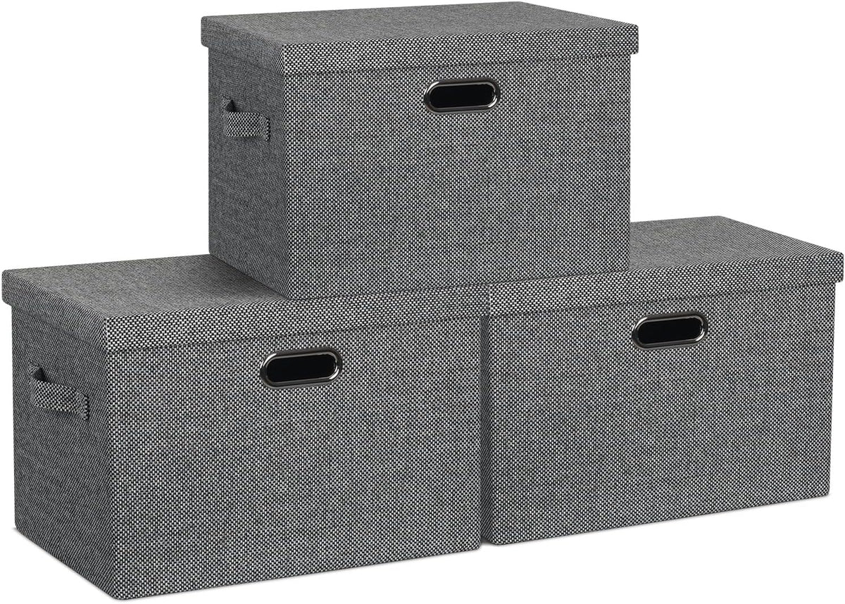 Large 17" 36 Quart Collapsible Stackable Storage Bins with Lids, 3 Packs Black and White Mix Linen