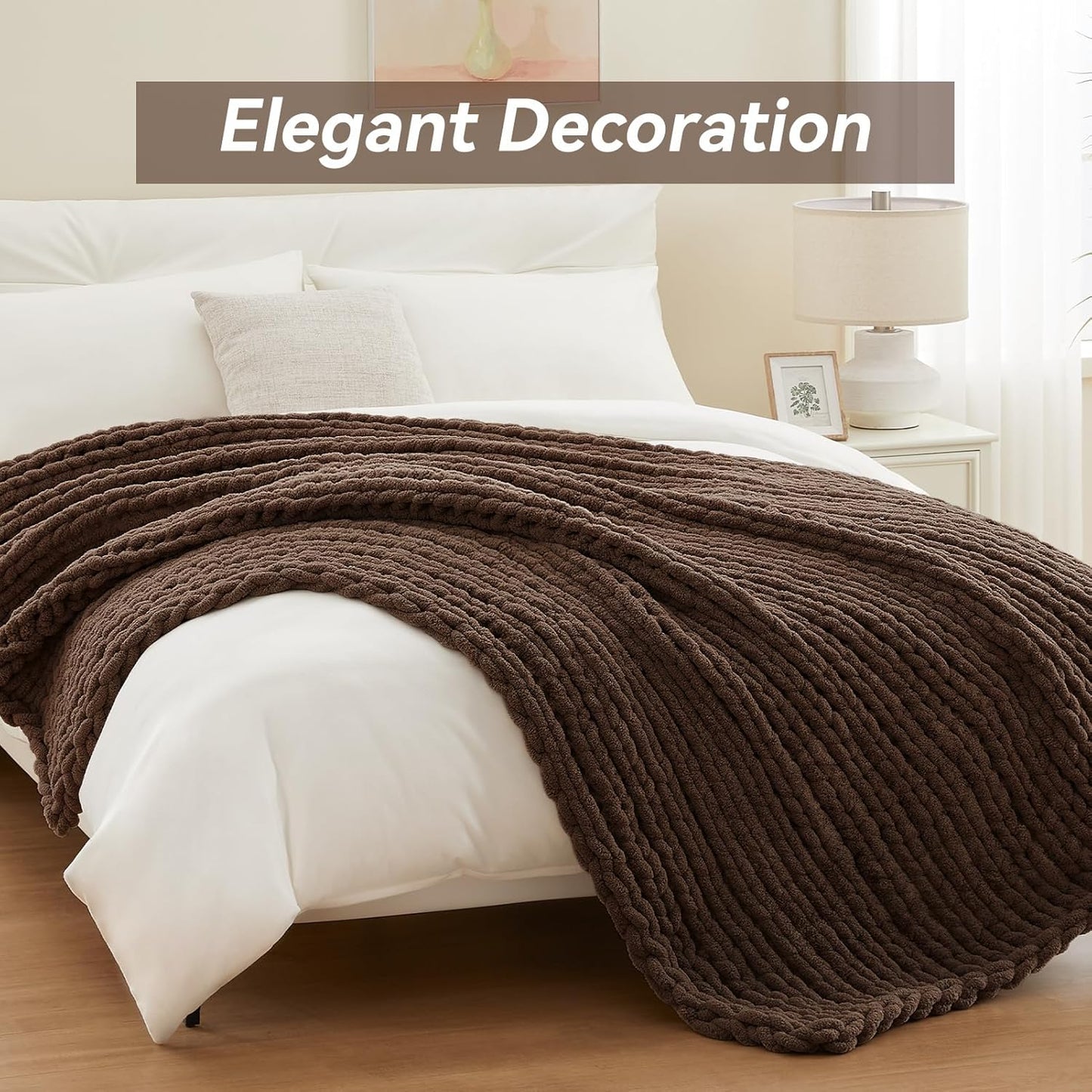 Chunky Knit Throw Blanket, 40''*50'' Knitted Throw Chenille Yarn for Bed Couch, Handmade Dark Brown