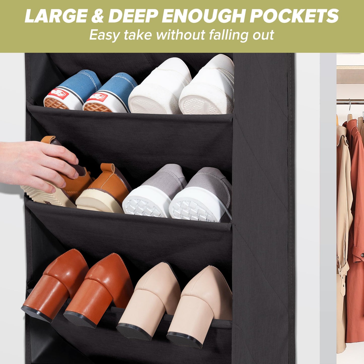 6 Pack Shoe Organizer with 6 Extra Large Pockets and 4 Large Pocket, Over the Door Sturdy Closet