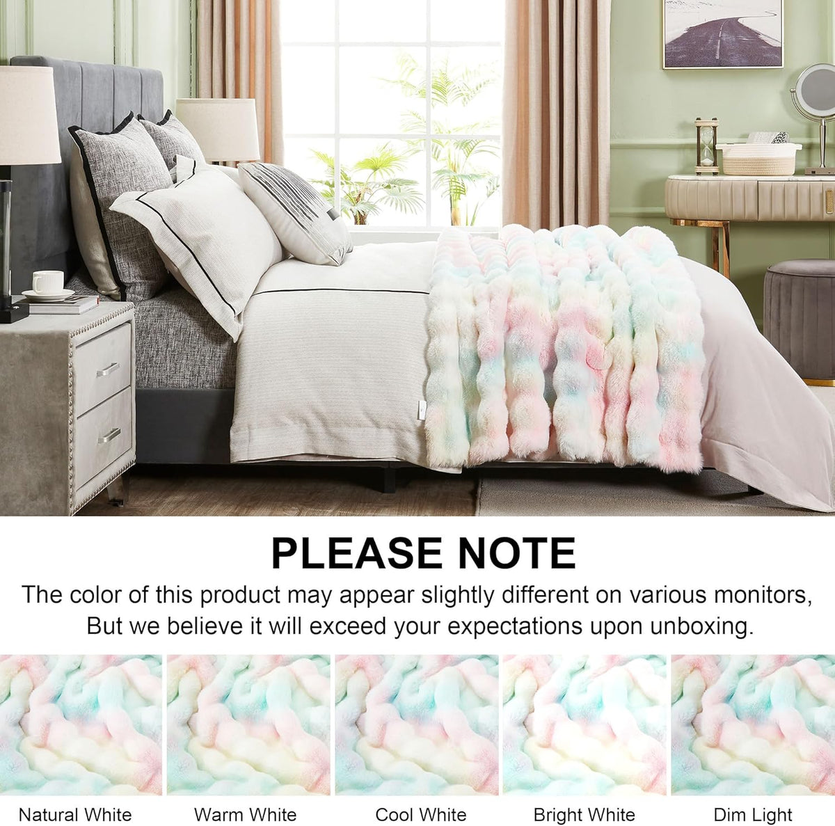 DREAMNINE Large Colorful Soft Fluffy Bubble Faux Rabbit Fur Blanket Queen Size 80" x 90", Luxury