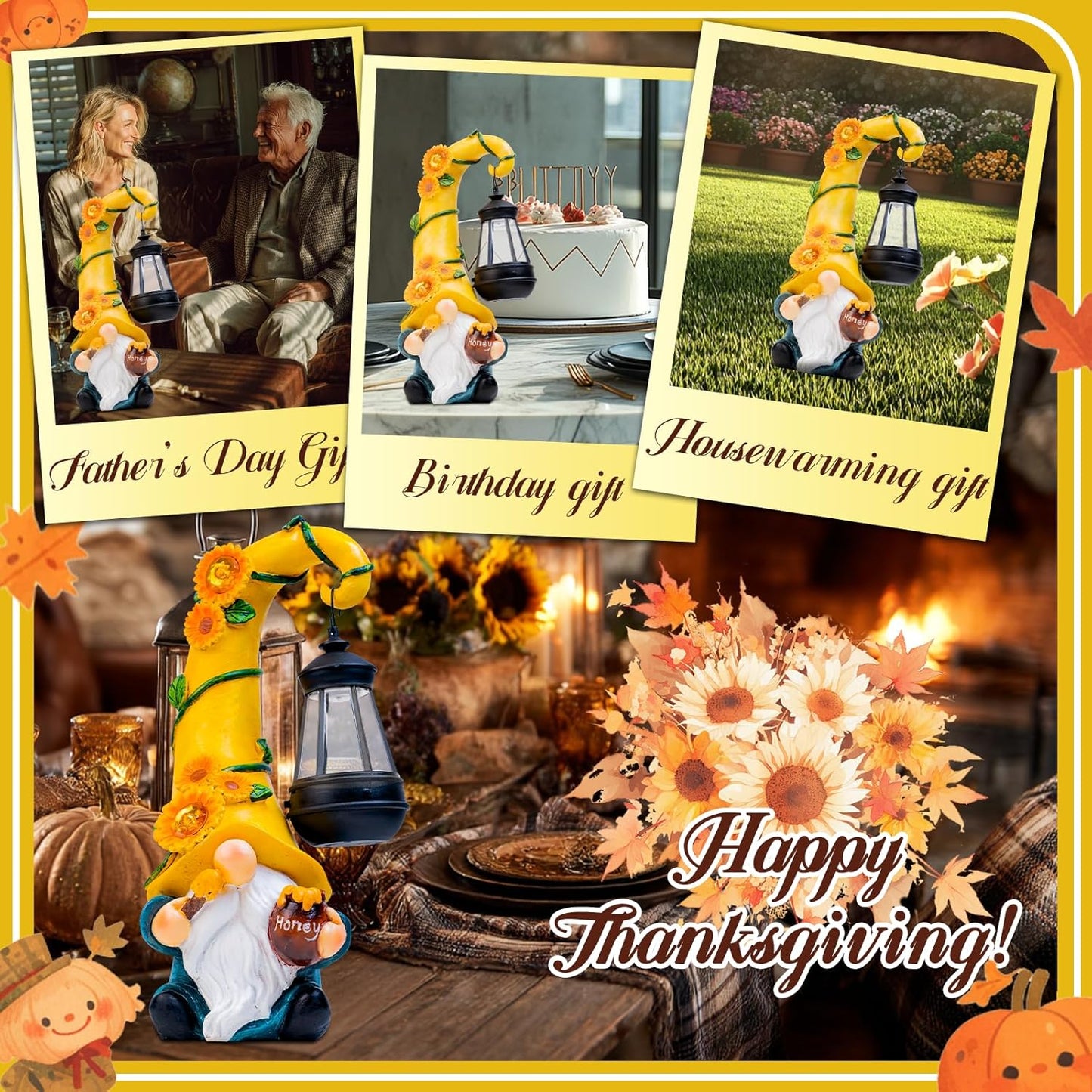 Fall Decorations for Home Porch 12" Solar Fall Gnome Sunflower Garden Statues Honey Bee Jar Decor