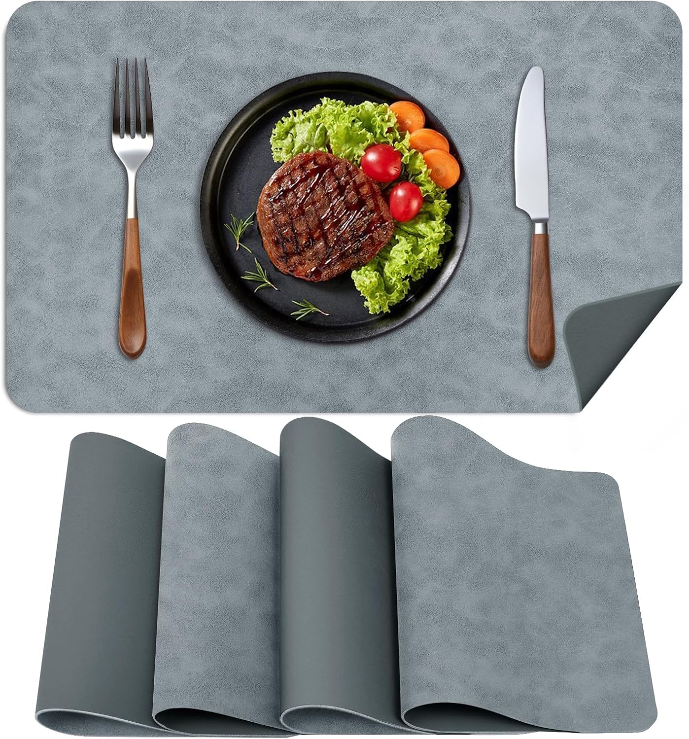 Faux Leather Placemats, Set of 4, 12''×17' Textures on Both Sides, Heat-Resistant, Waterproof and