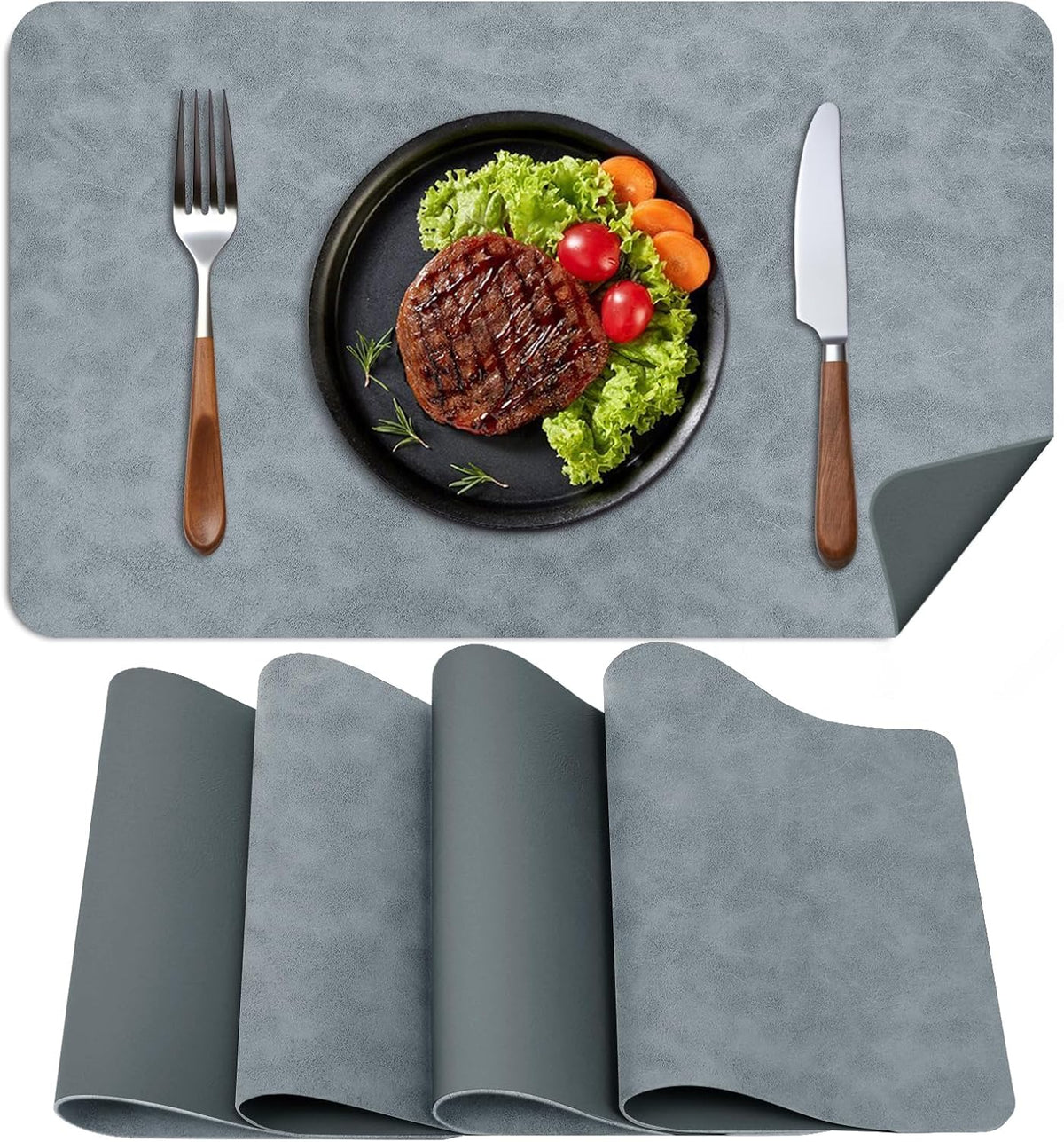 Faux Leather Placemats, Set of 4, 12''×17' Textures on Both Sides, Heat-Resistant, Waterproof and