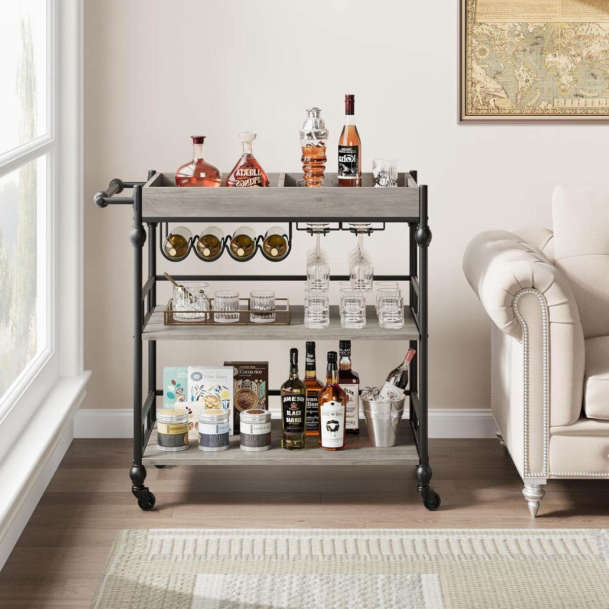GarveeHome Bar Cart, Bar Carts for The Home, 3 Tier Serving Cart with Wheels, Home Bar & Serving