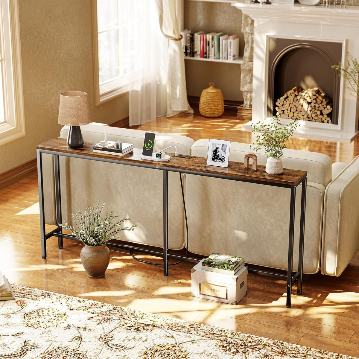 SUPERJARE 70 Inch Console Table with Outlet, Sofa Table with Charging Station, Narrow Entryway