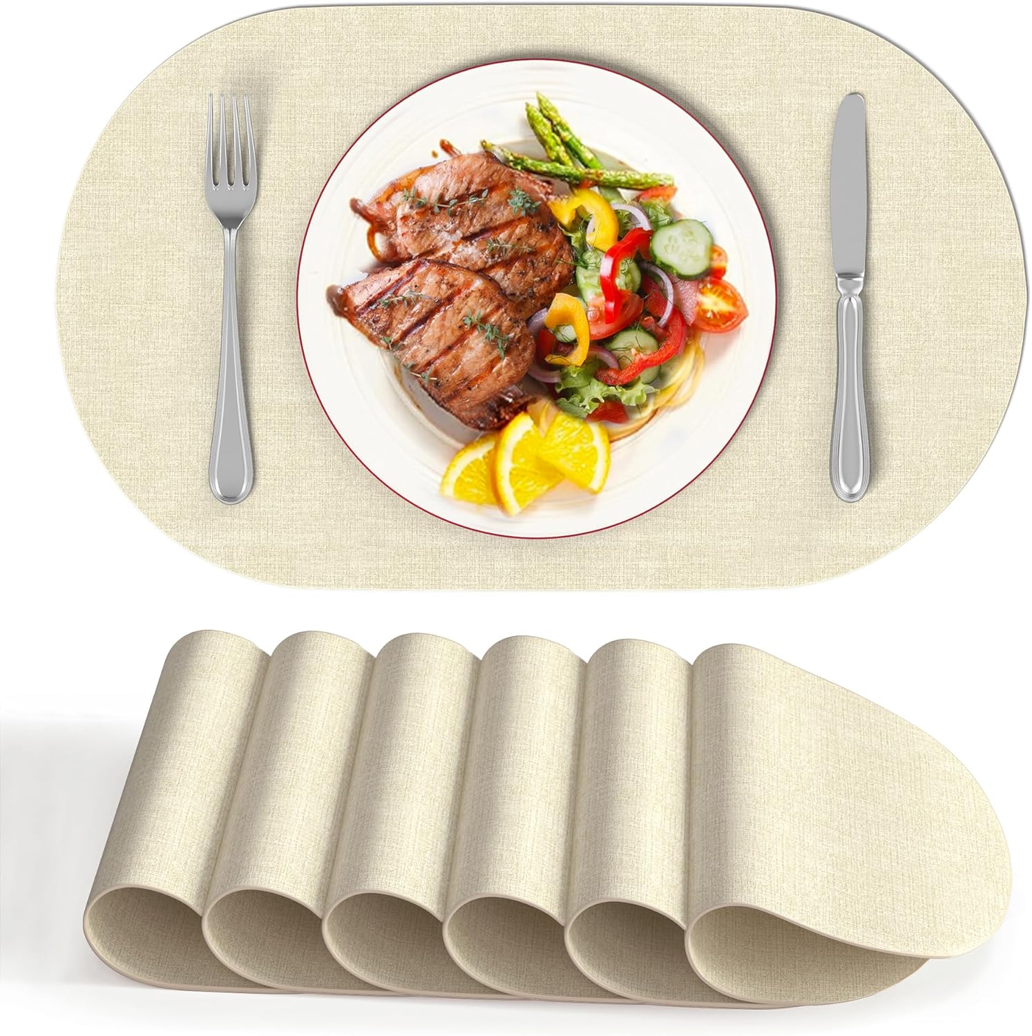DOLOPL Large Placemats Set of 6, Oval Reversible Wipeable & Non-Slip Place Mats, Modern Faux