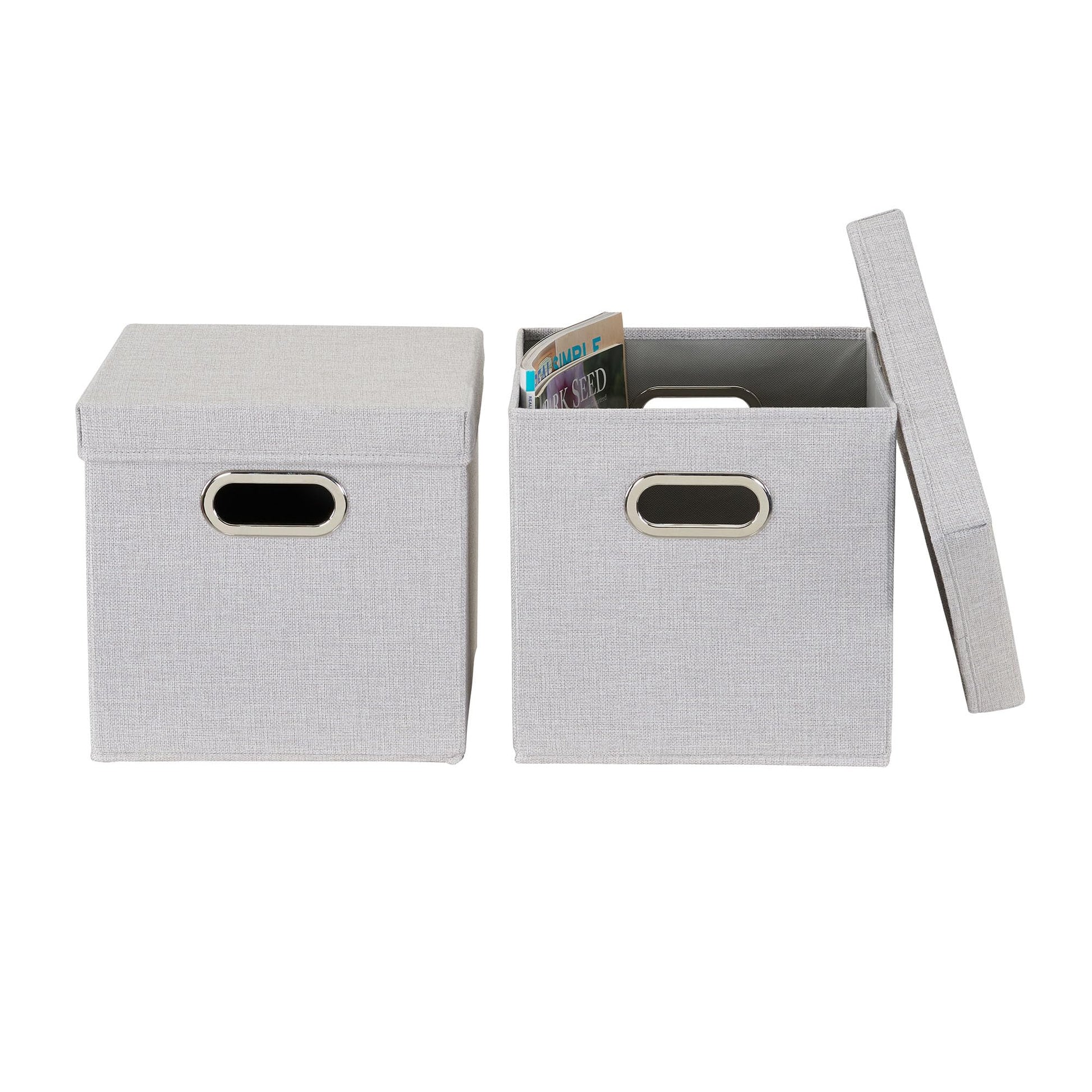 Household Essentials 804-1 Café Cube Bin Storage Set with Lids and Handles | 2 Pack | Silver Linen