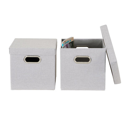 Household Essentials 804-1 Café Cube Bin Storage Set with Lids and Handles | 2 Pack | Silver Linen