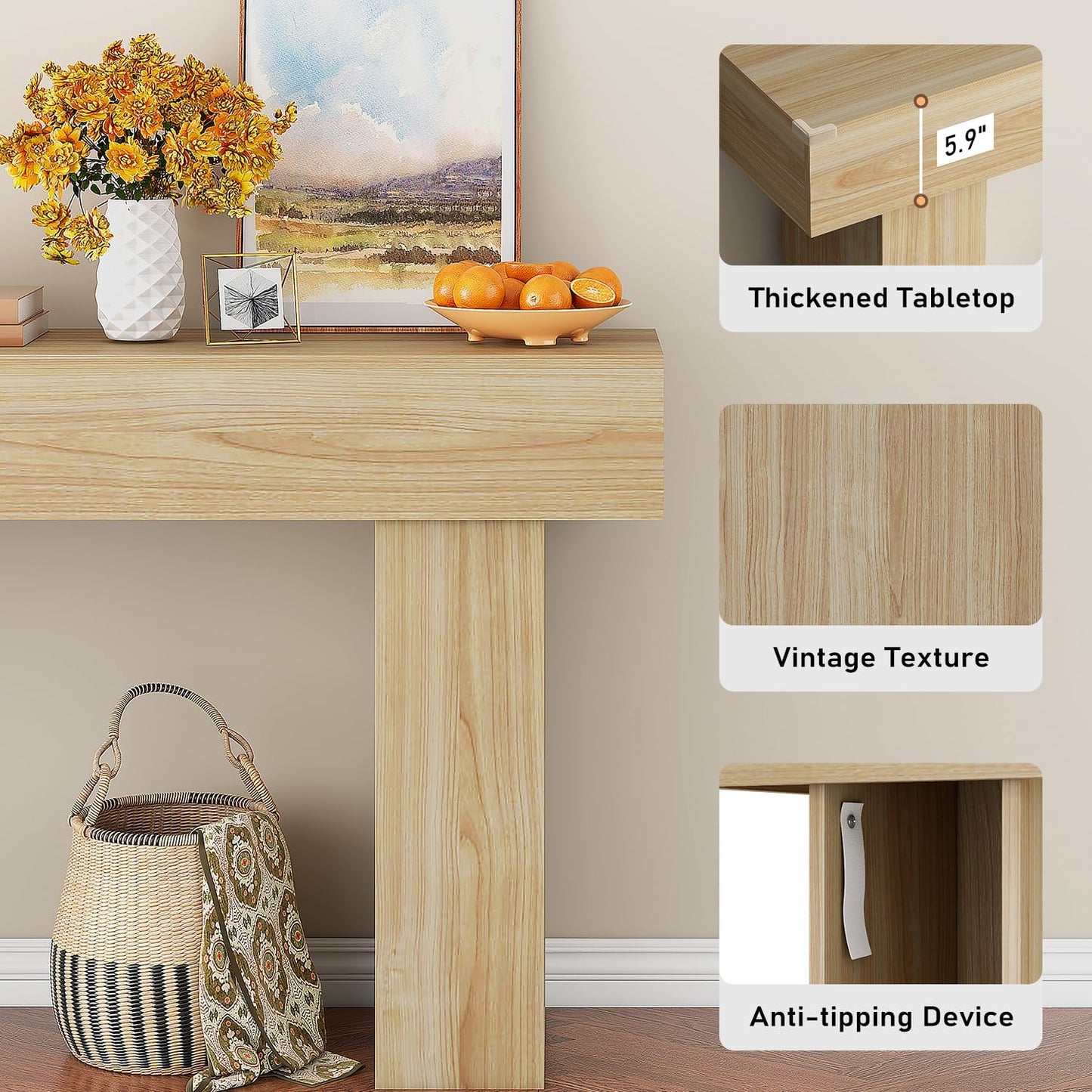 63 Inch Long Console Table for Entryway, Farmhouse Wood Rectangular Sofa Table Behind Couch Table