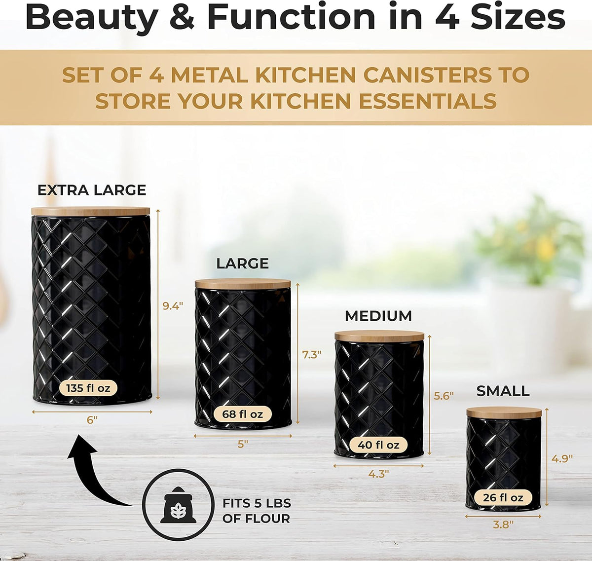 Pebble & Stem® Black Metal Canister Set for the Kitchen Counter, Food Canister Set of 4, Airtight